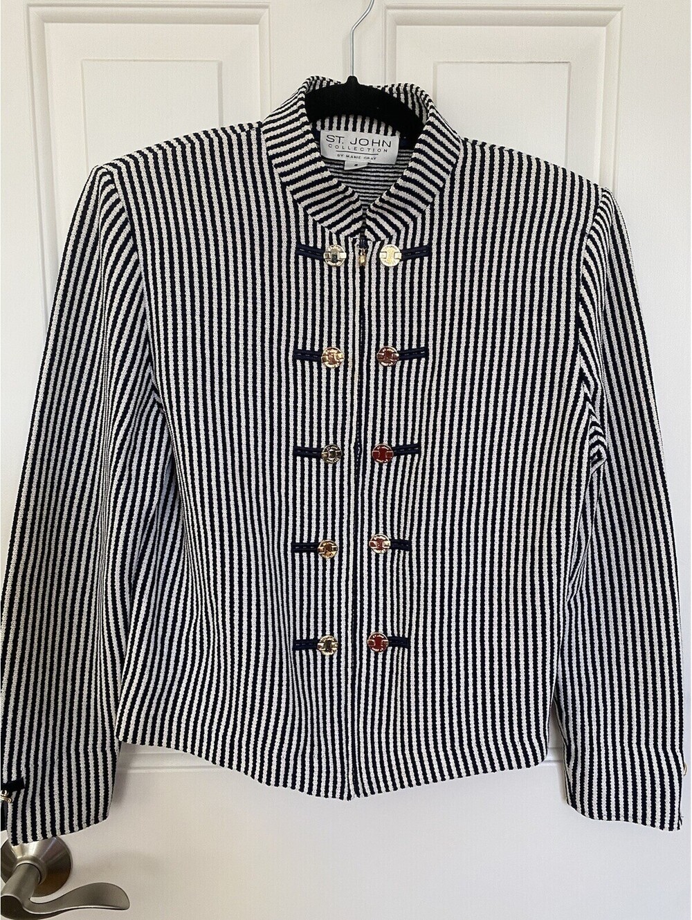 ST. JOHN COLLECTION Knit Blue White Stripe Jacket Blazer Button Front Pockets 6